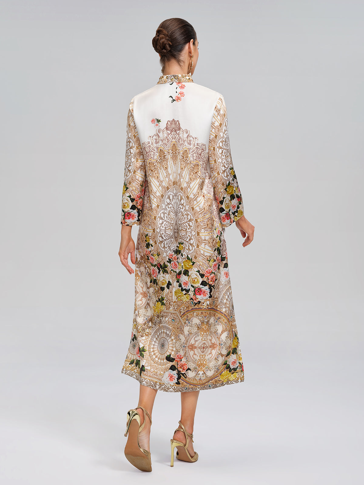 100% Silk Printed Stand-Collar Dress