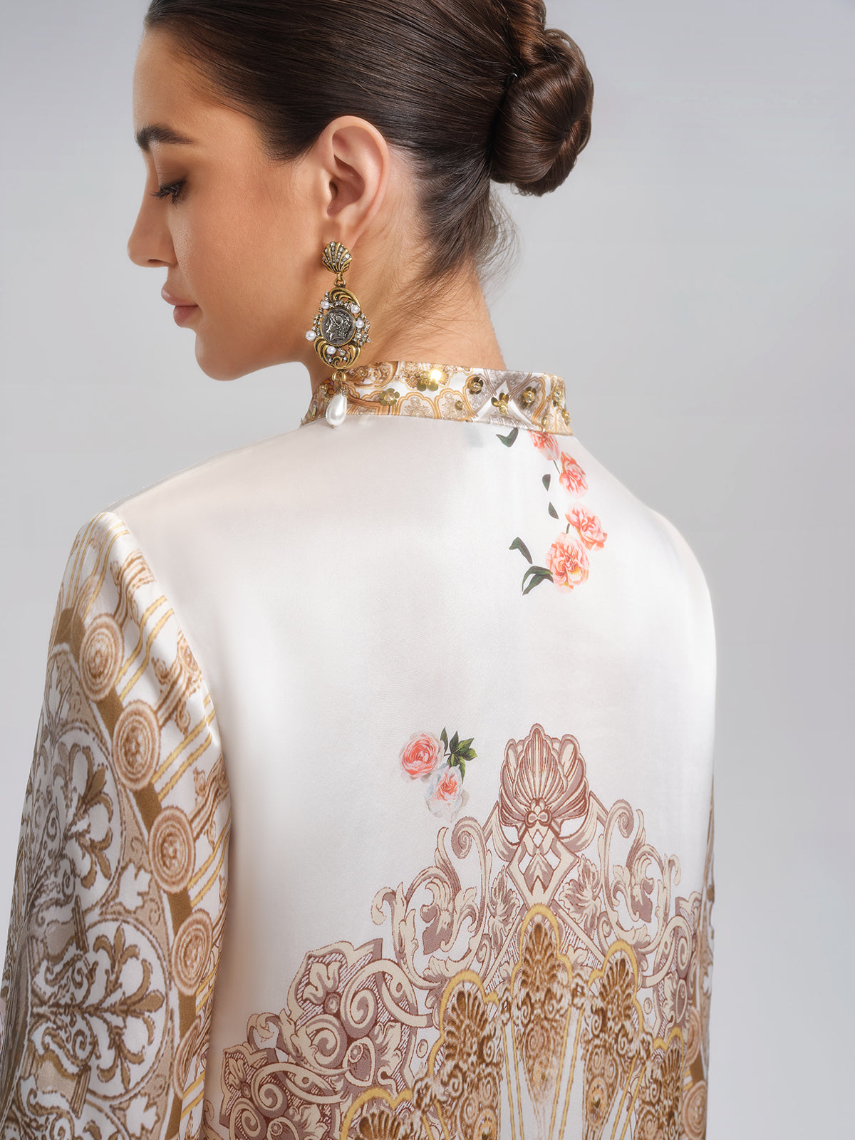 100% Silk Printed Stand-Collar Dress