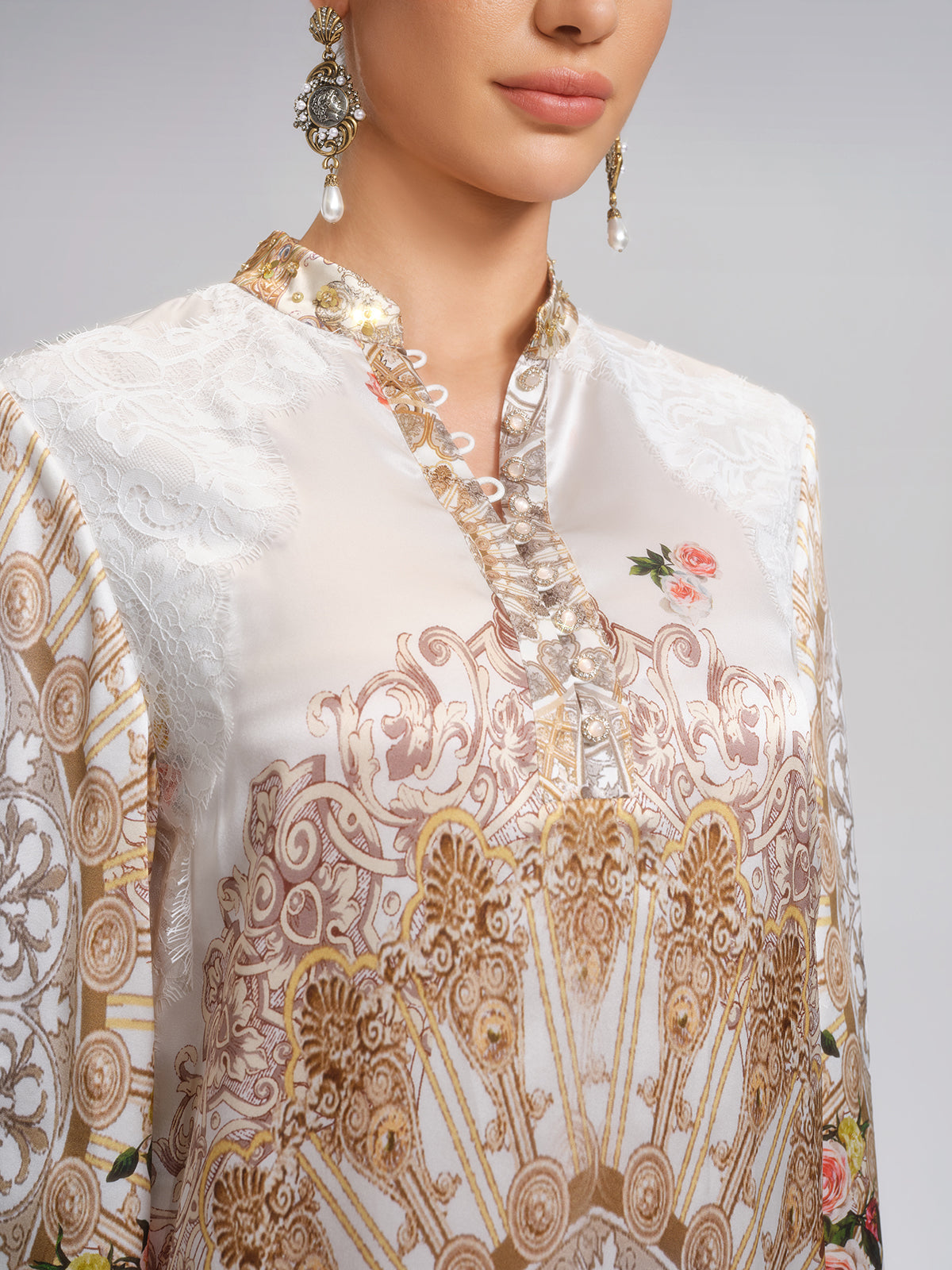 100% Silk Printed Stand-Collar Dress