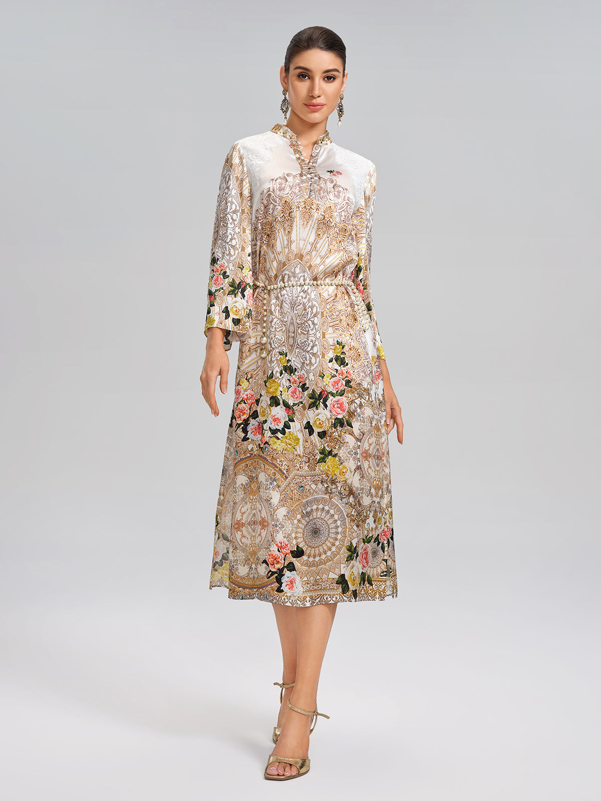 100% Silk Printed Stand-Collar Dress