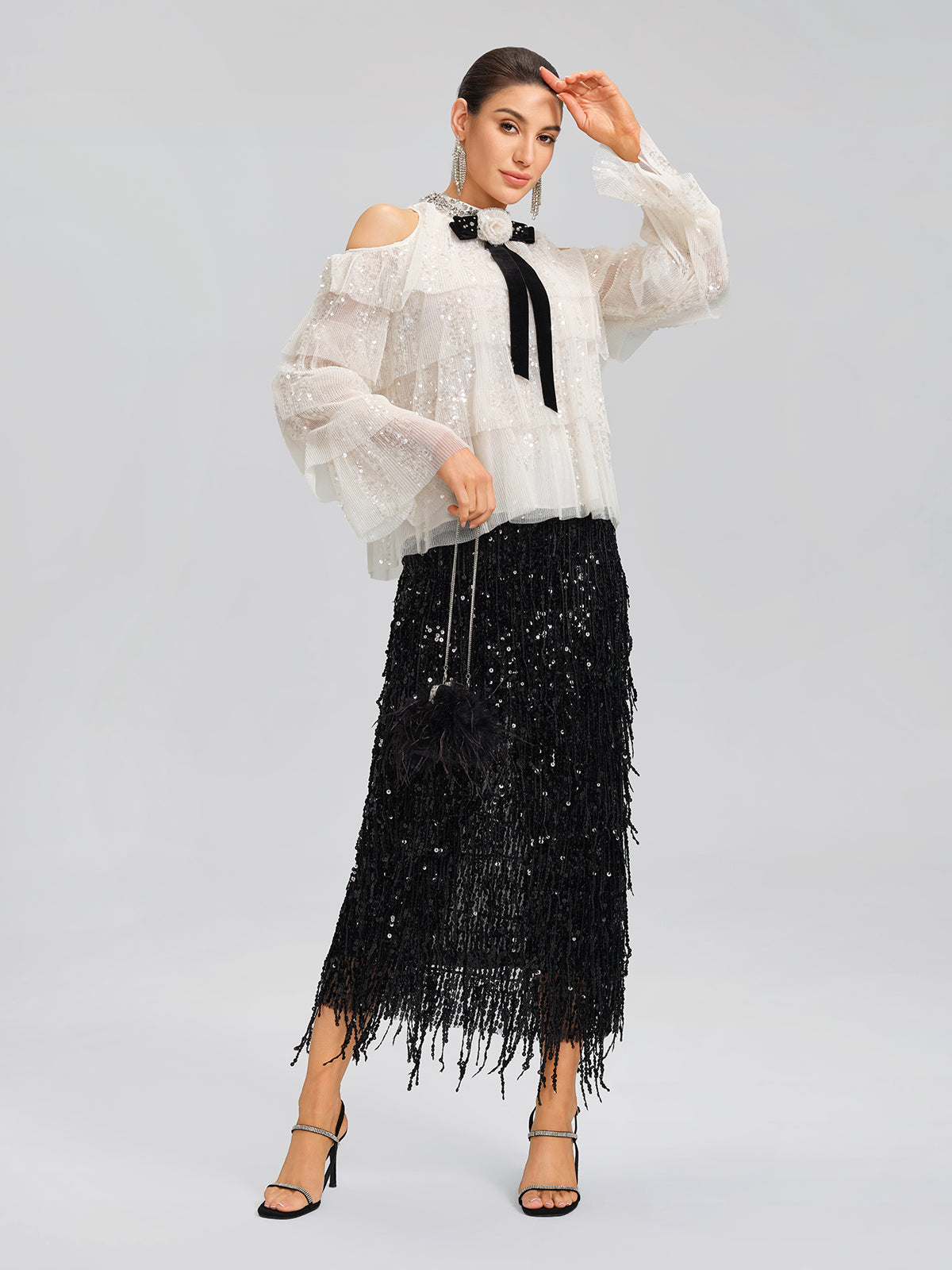 Sequin Pleated Mesh Cold-Shoulder Top (Detachable Bow Included)