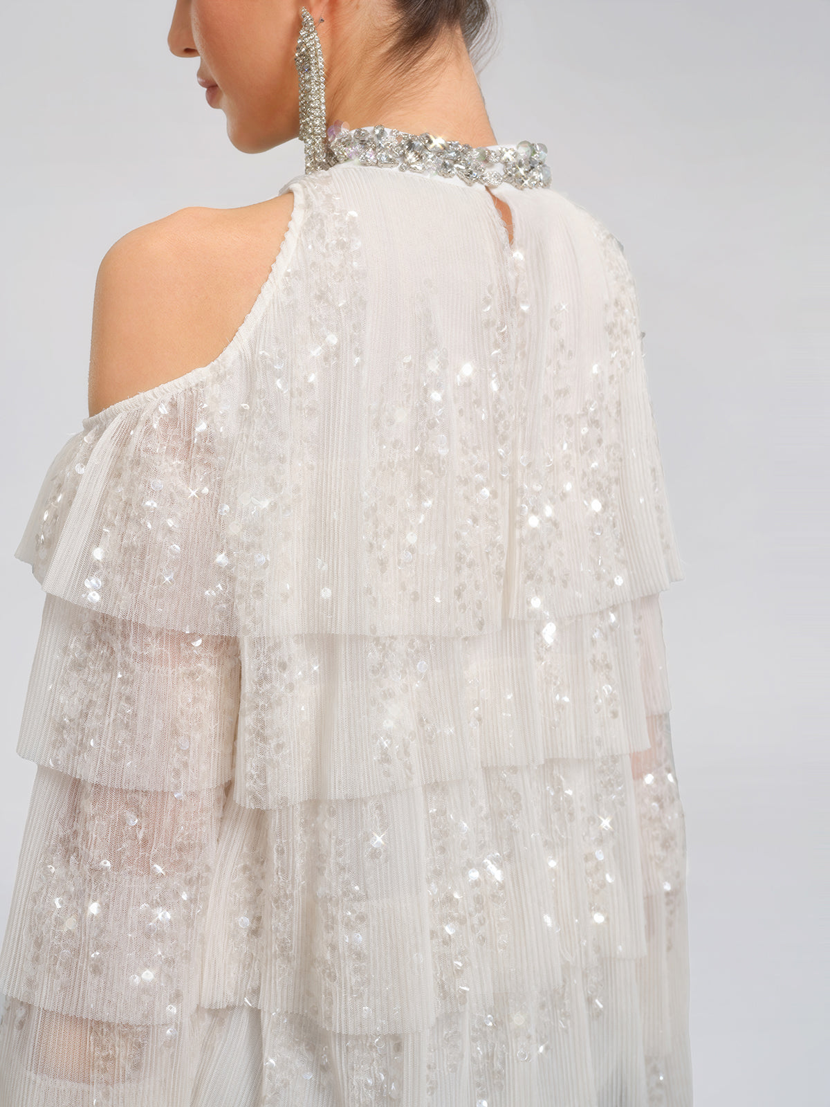 Sequin Pleated Mesh Cold-Shoulder Top (Detachable Bow Included)