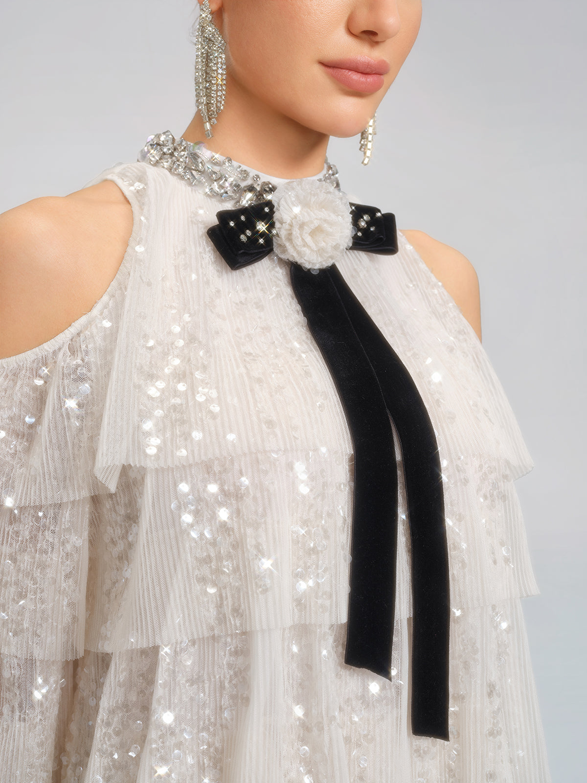 Sequin Pleated Mesh Cold-Shoulder Top (Detachable Bow Included)