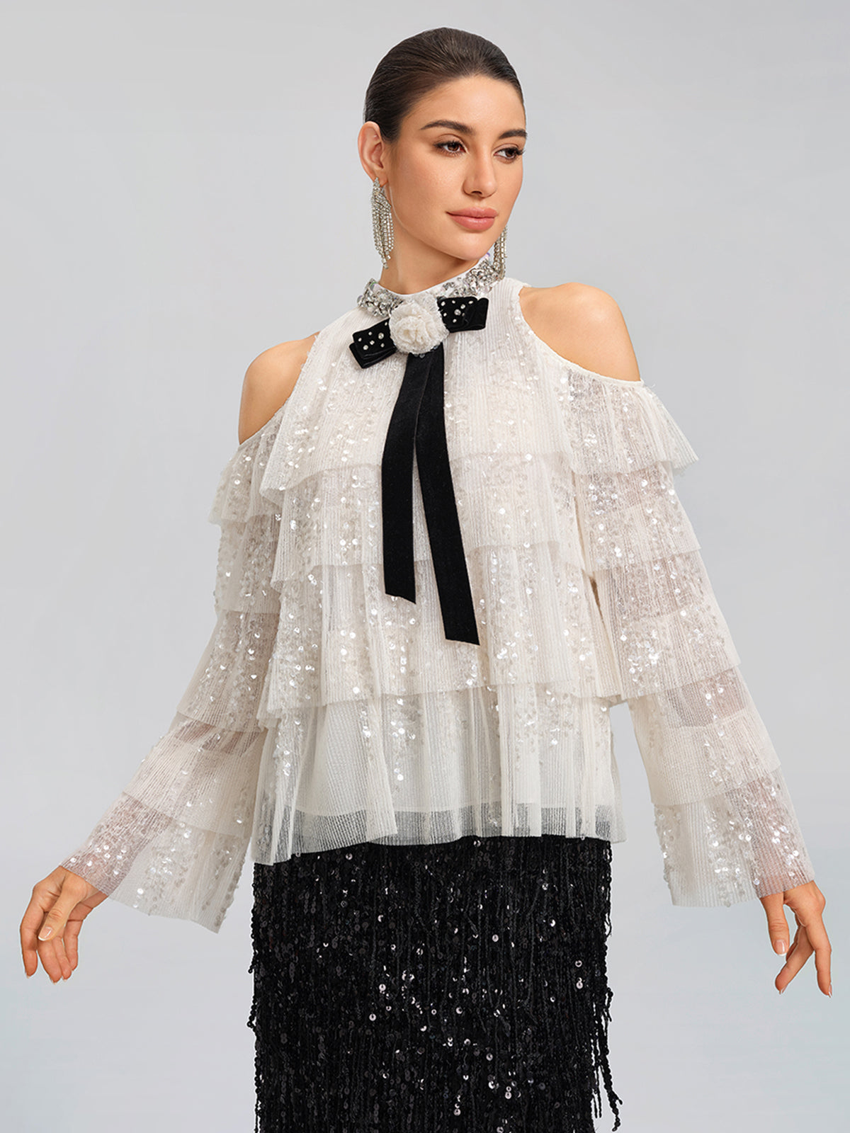 Sequin Pleated Mesh Cold-Shoulder Top (Detachable Bow Included)