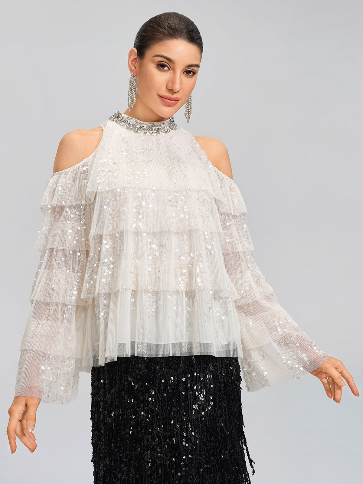 Sequin Pleated Mesh Cold-Shoulder Top (Detachable Bow Included)