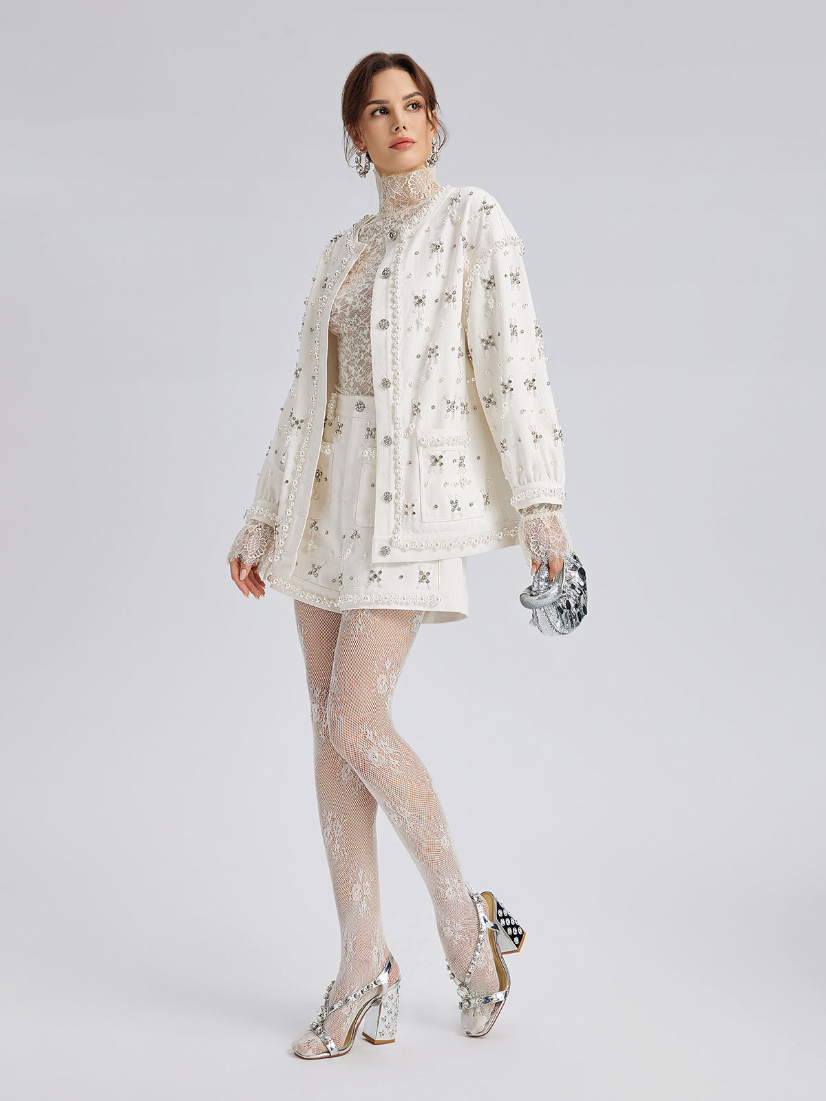 Hand-Beaded Pearl Ribbon Denim Jacket