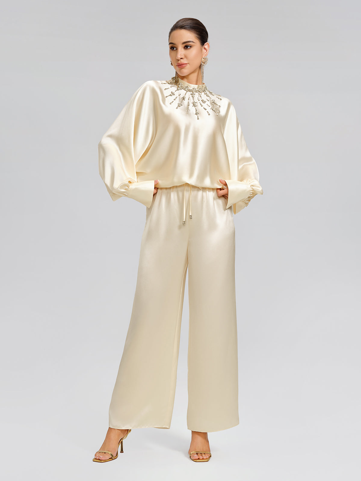 Acetate Beaded Stand-Collar Puff-Sleeve Top