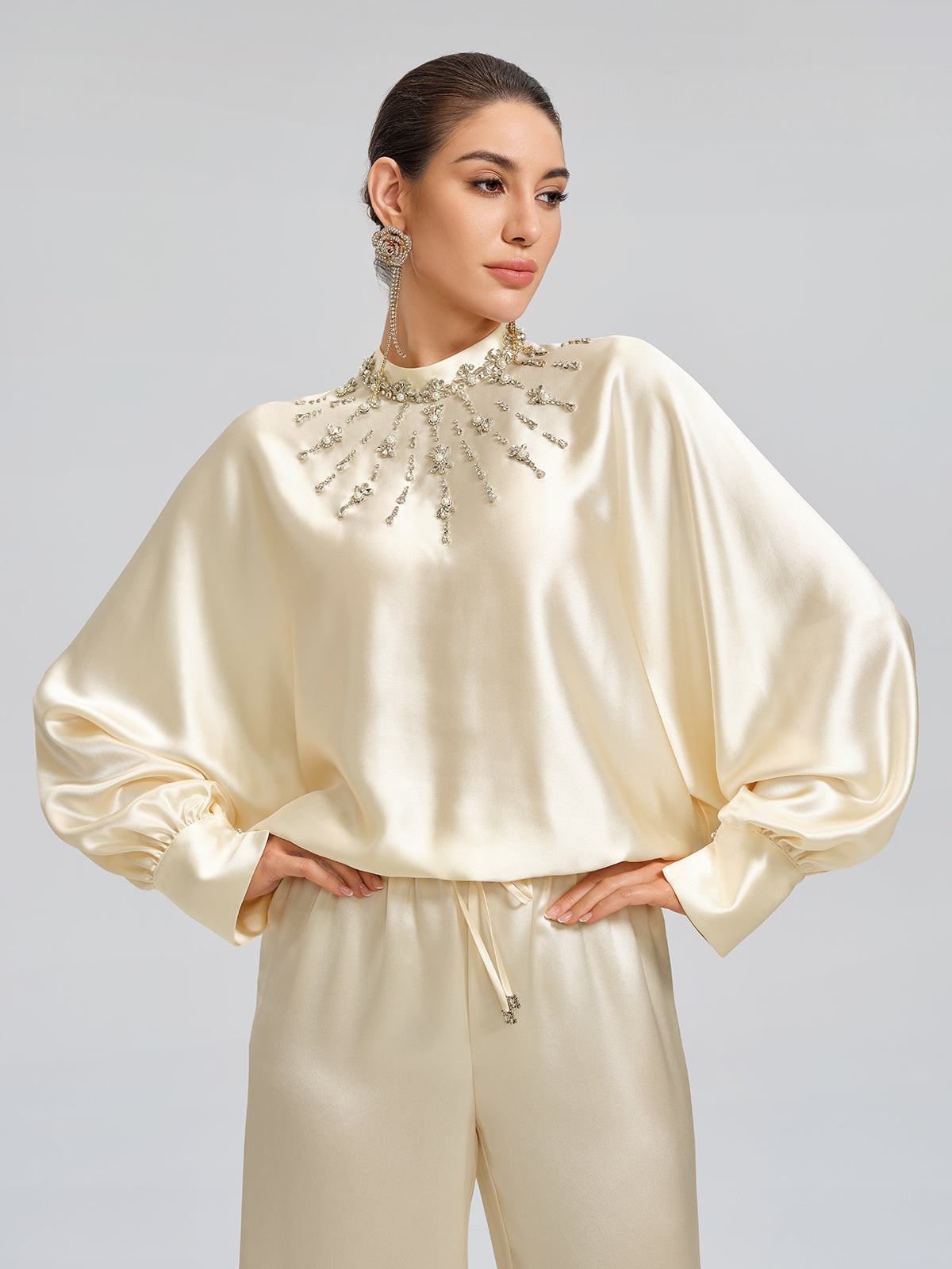 Acetate Beaded Stand-Collar Puff-Sleeve Top