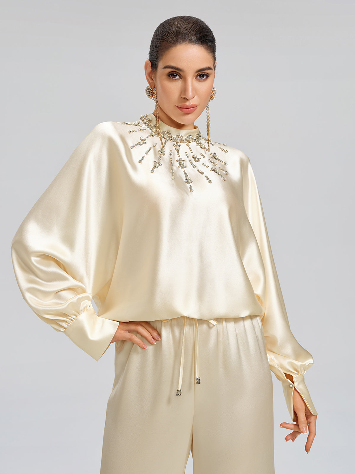 Acetate Beaded Stand-Collar Puff-Sleeve Top