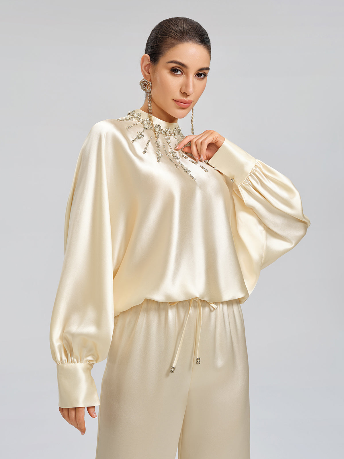Acetate Beaded Stand-Collar Puff-Sleeve Top