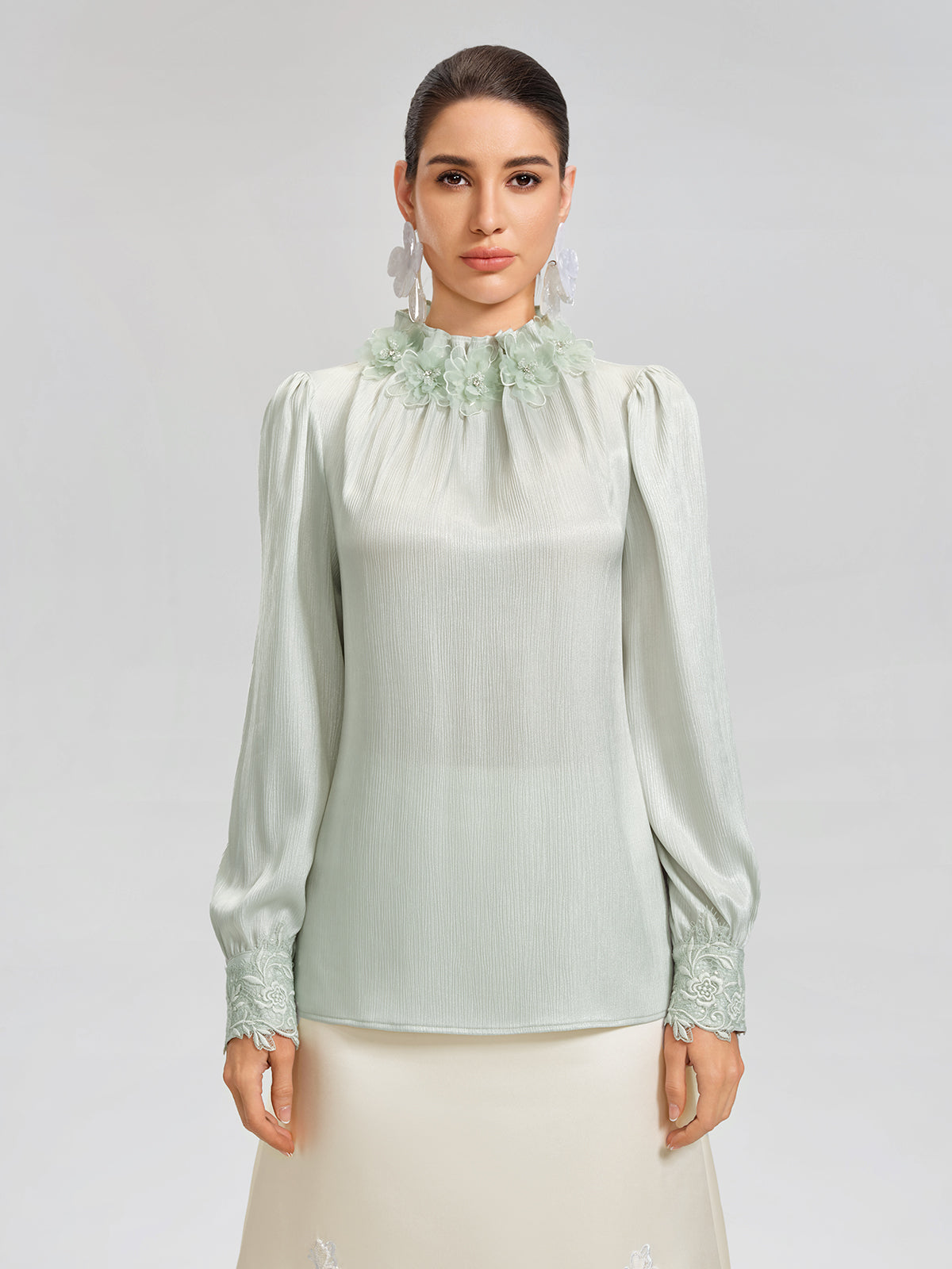 Floral Lace-Trim Puff-Sleeve Top