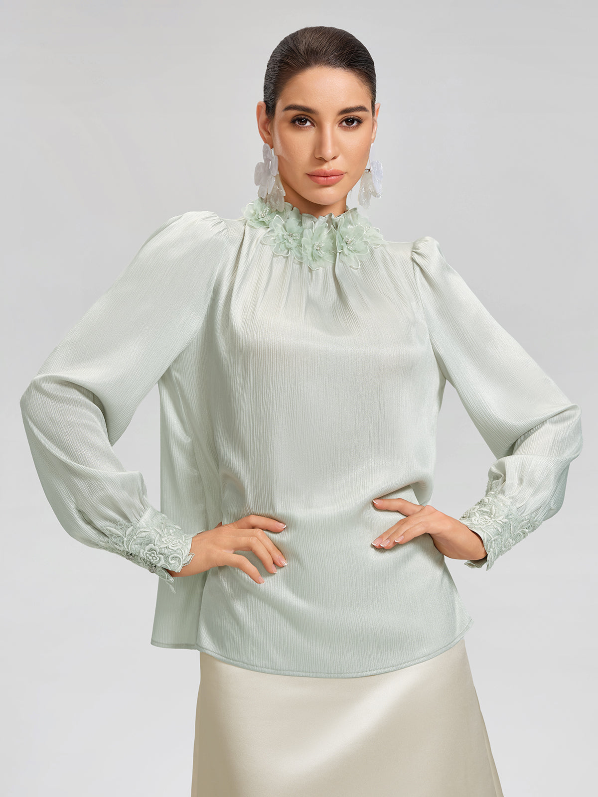 Floral Lace-Trim Puff-Sleeve Top