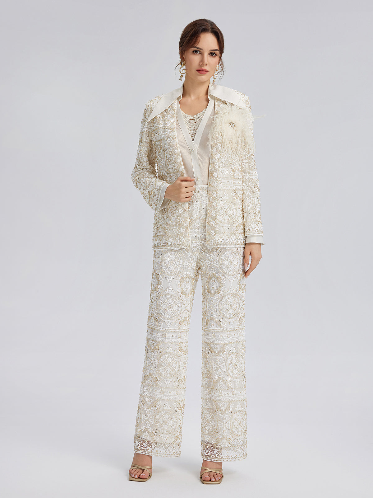 Intricately Embroidered Sequin Straight-Leg Pants