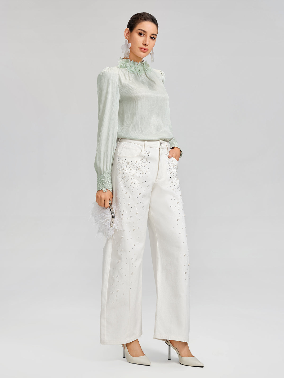 Floral Lace-Trim Puff-Sleeve Top