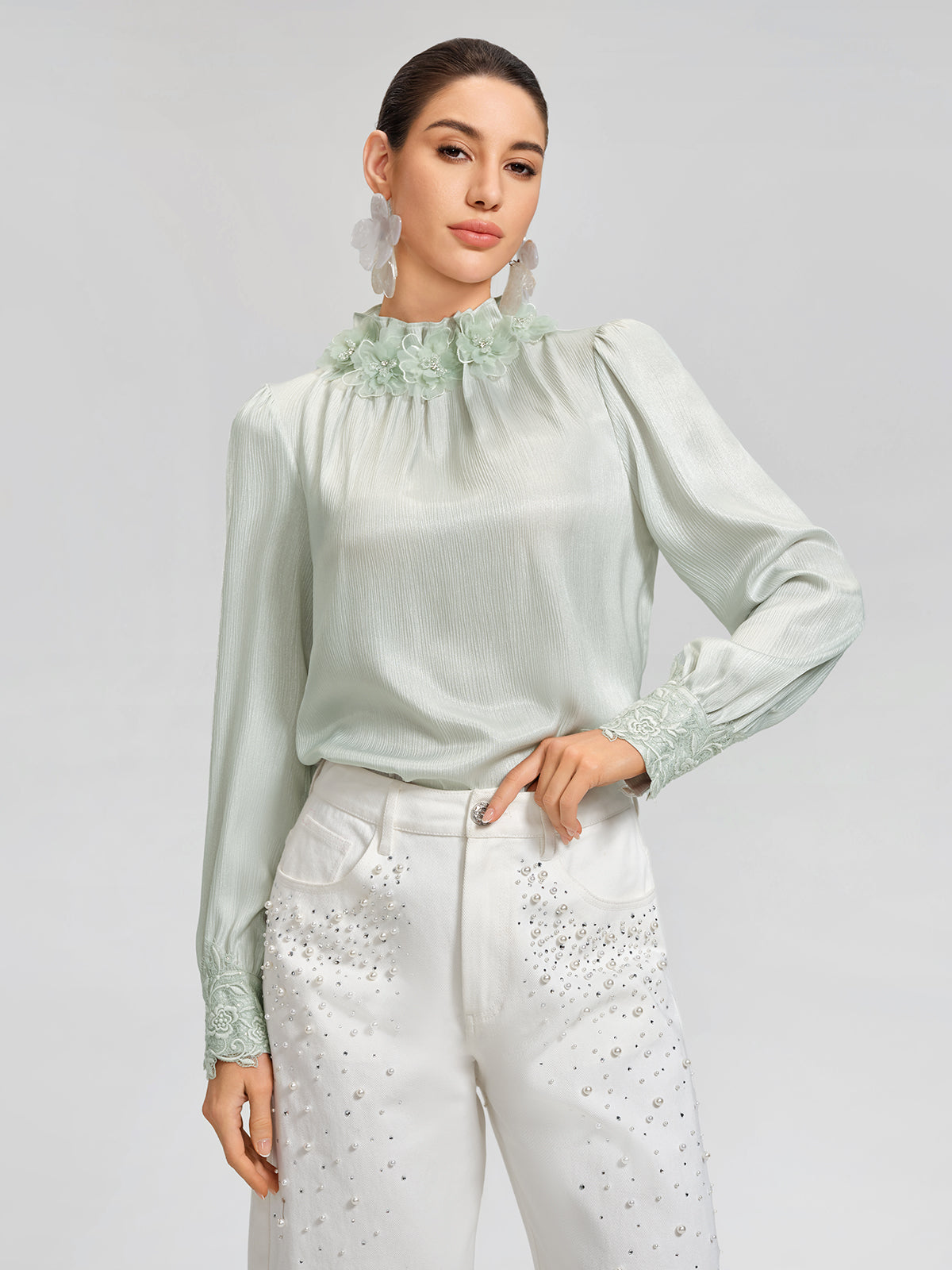 Floral Lace-Trim Puff-Sleeve Top