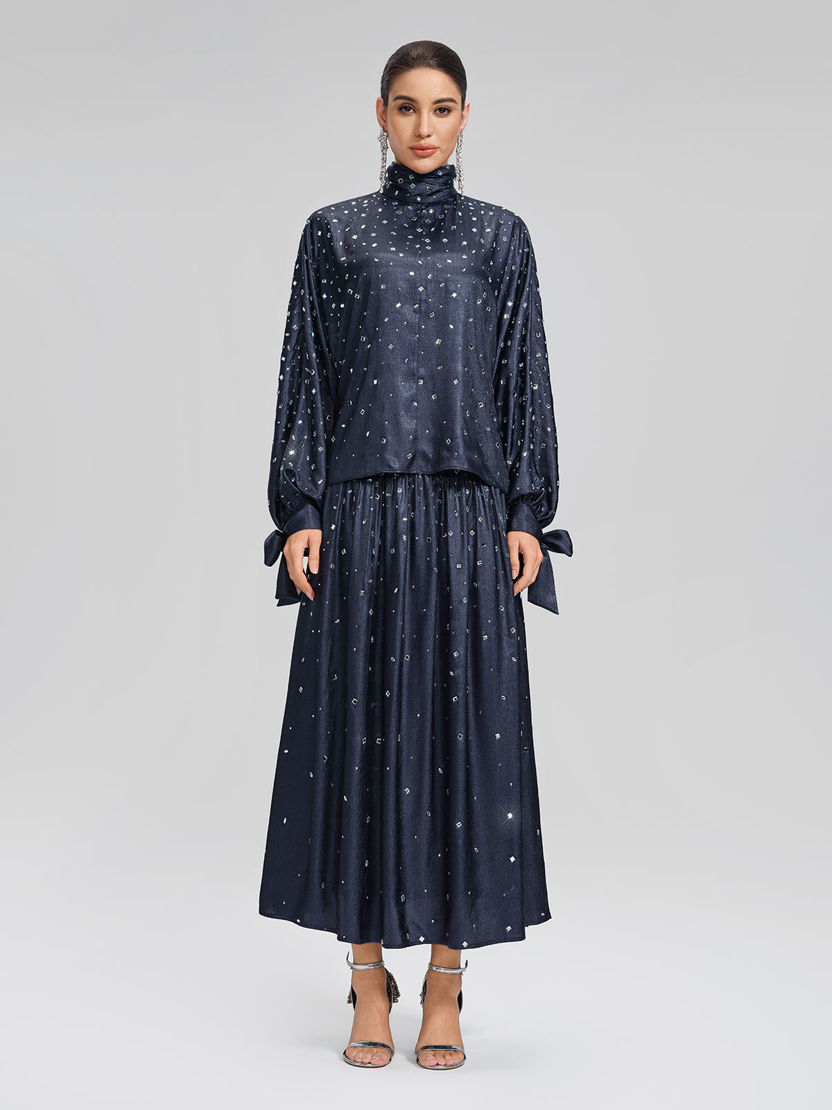 Rhinestone Satin Flare Skirt