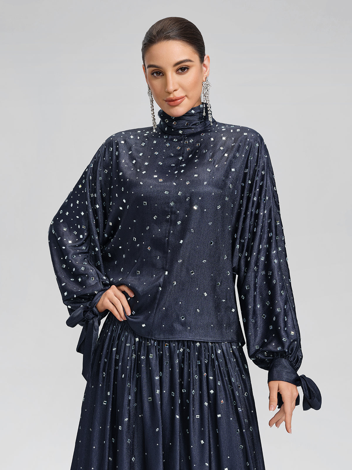 Rhinestone High Neck Satin Top