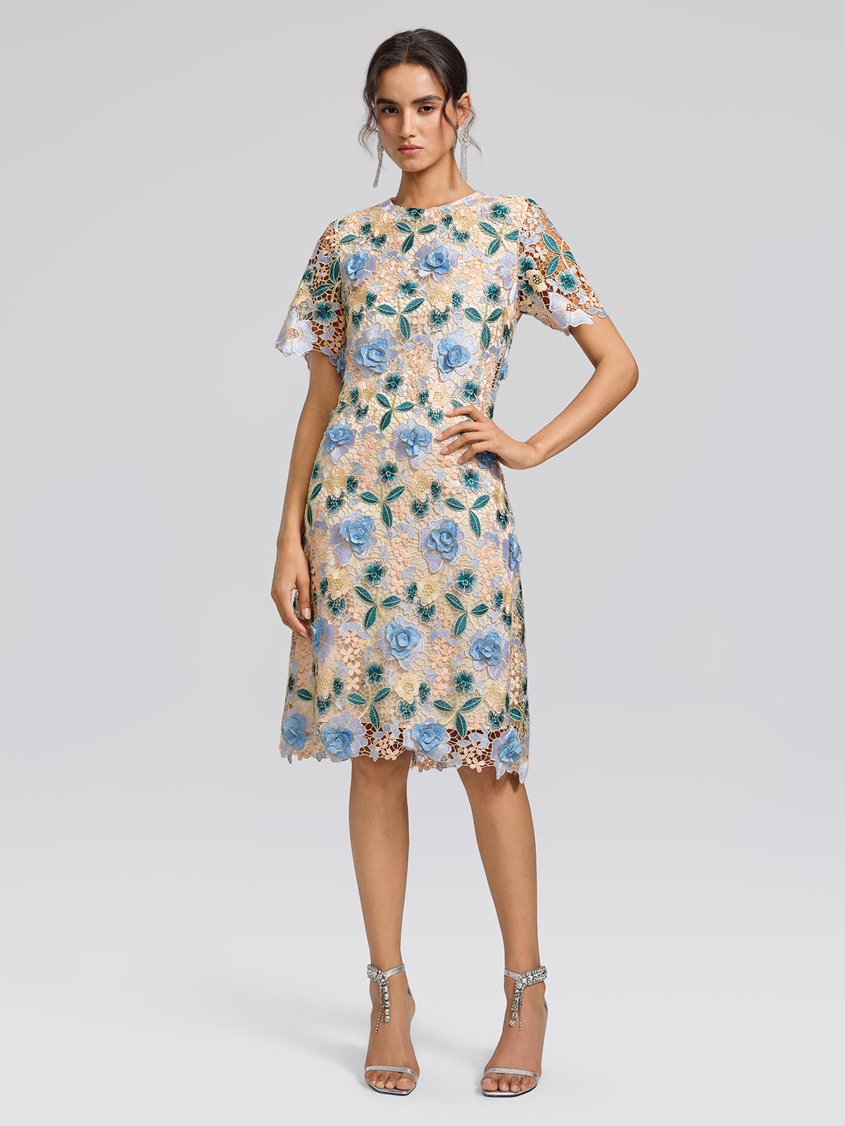 Guipure Lace Floral Leaf-Embellished Dress