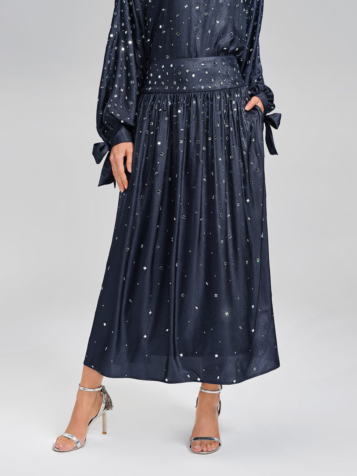 Rhinestone Satin Flare Skirt