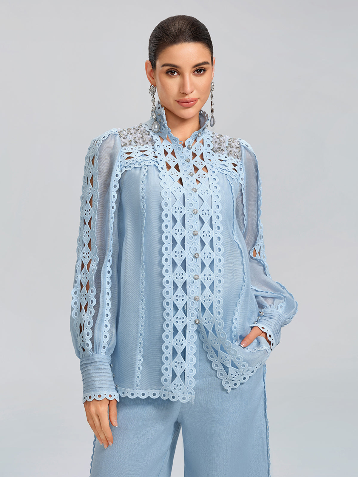Linen Hand-Beading Trimming Shirt