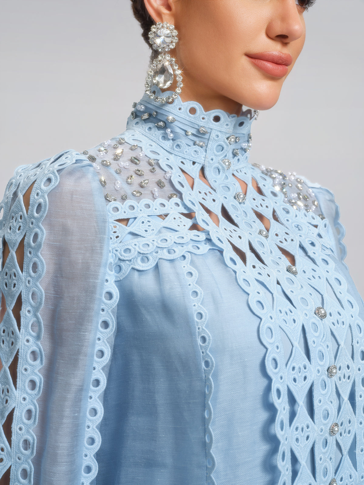 Linen Beaded Cutout Trimming Mini Dress
