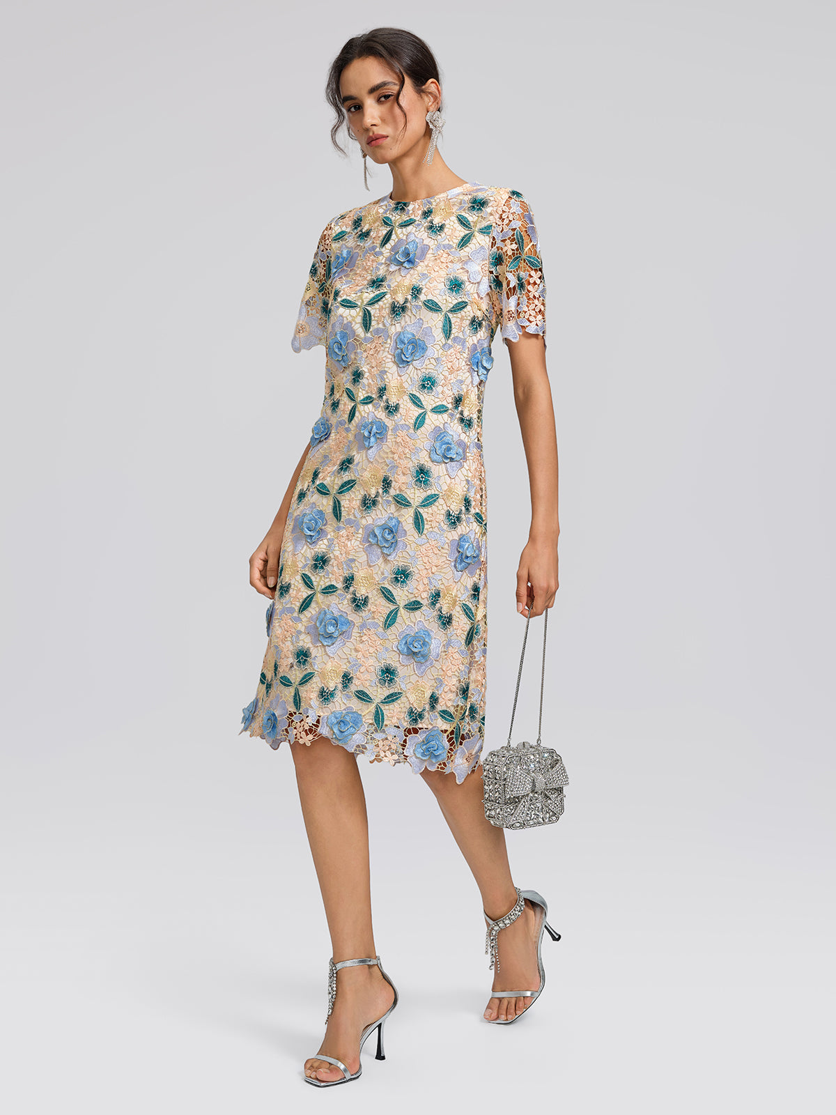 Guipure Lace Floral Leaf-Embellished Dress