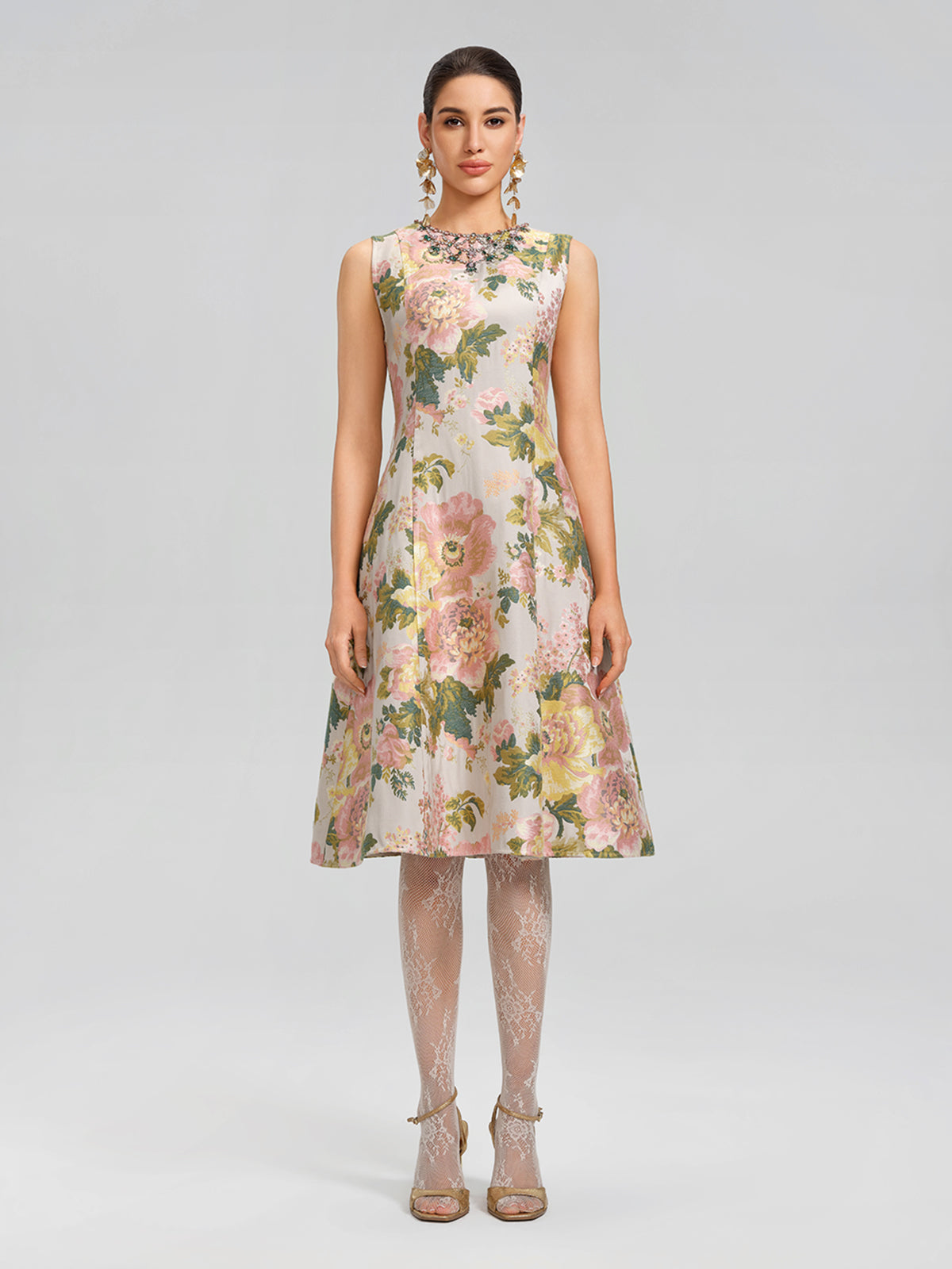 Crystal Beaded Jacquard A Line Pocket Dress