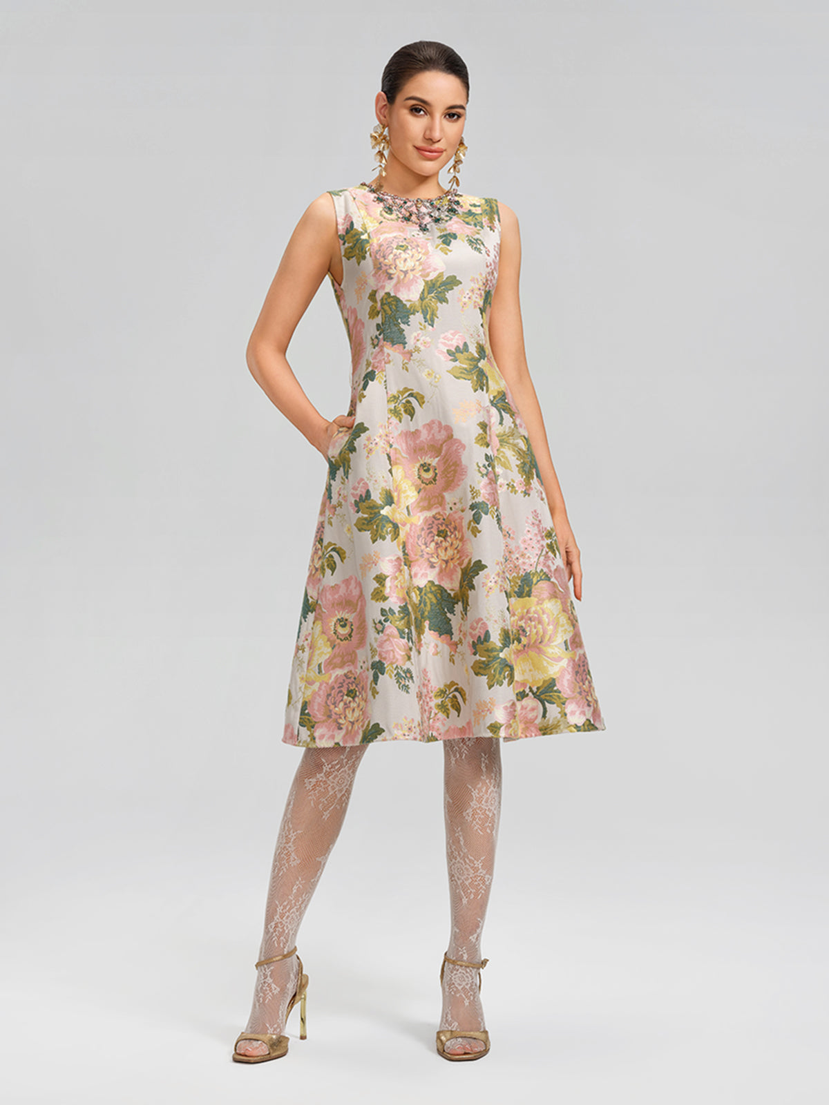 Crystal Beaded Jacquard A Line Pocket Dress