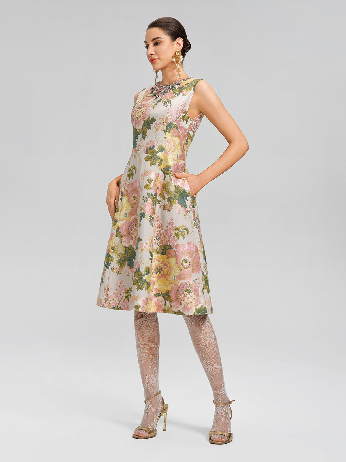 Crystal Beaded Jacquard A Line Pocket Dress