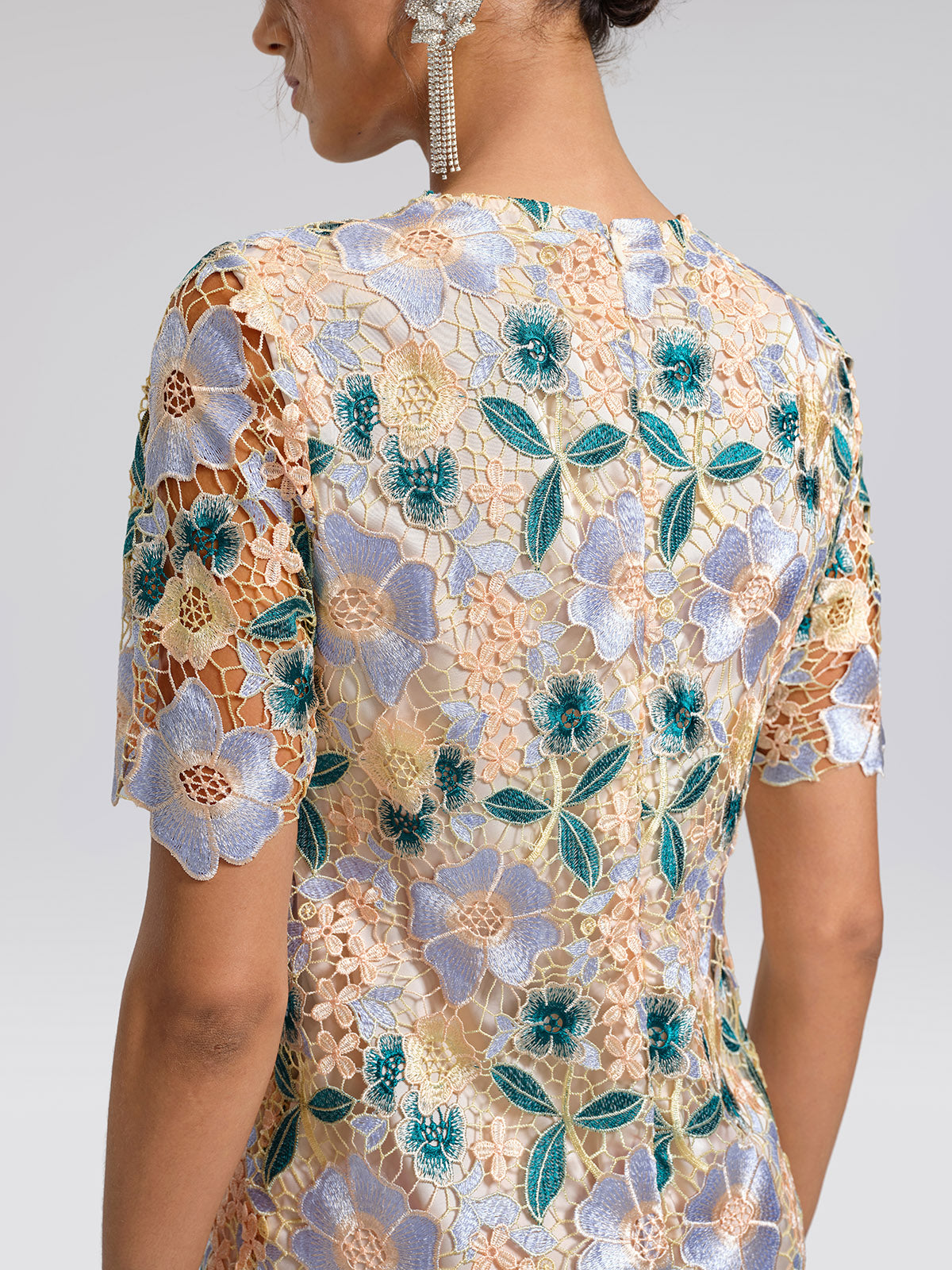 Guipure Lace Floral Leaf-Embellished Dress