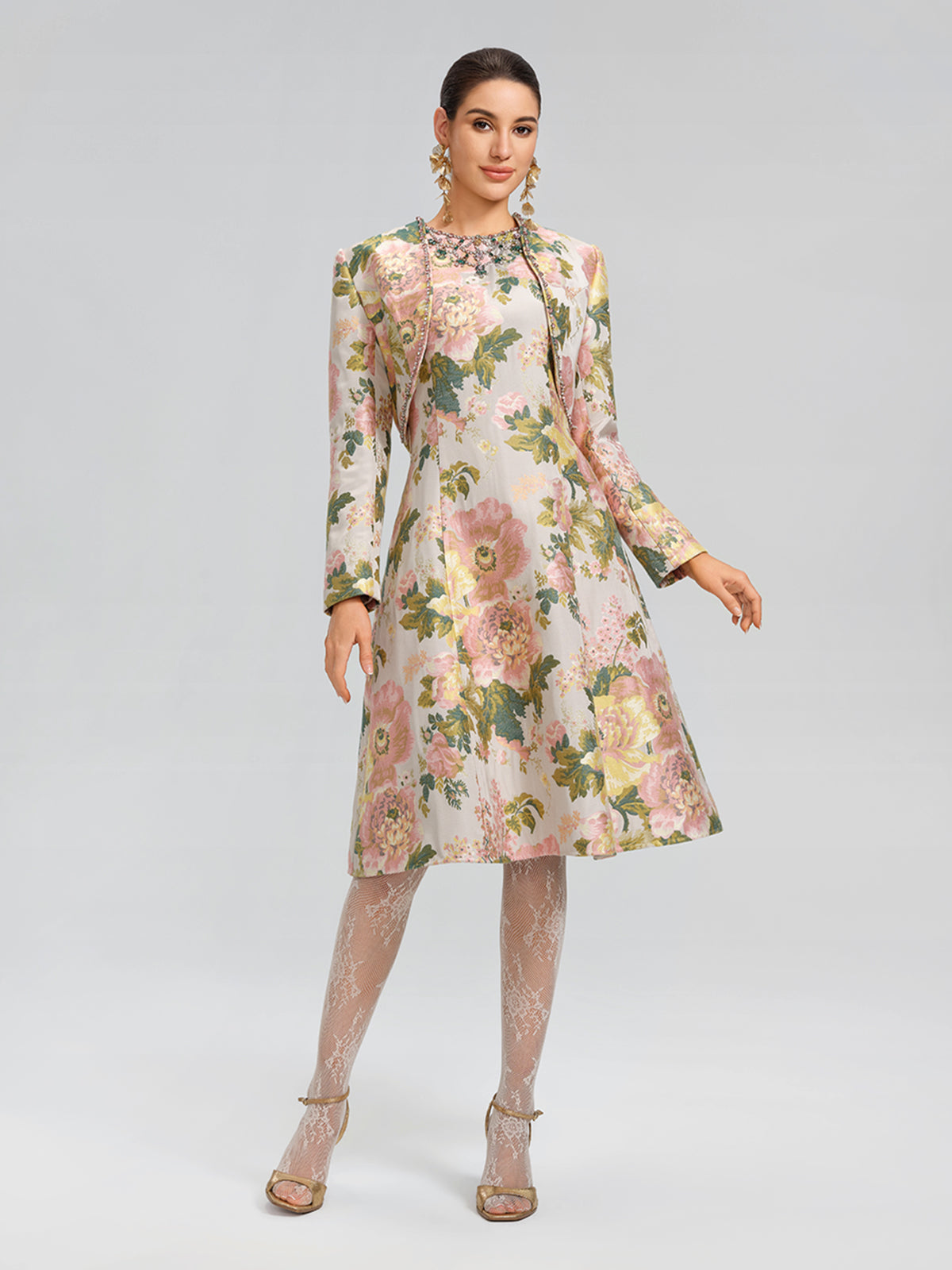 Crystal Beaded Jacquard A Line Pocket Dress