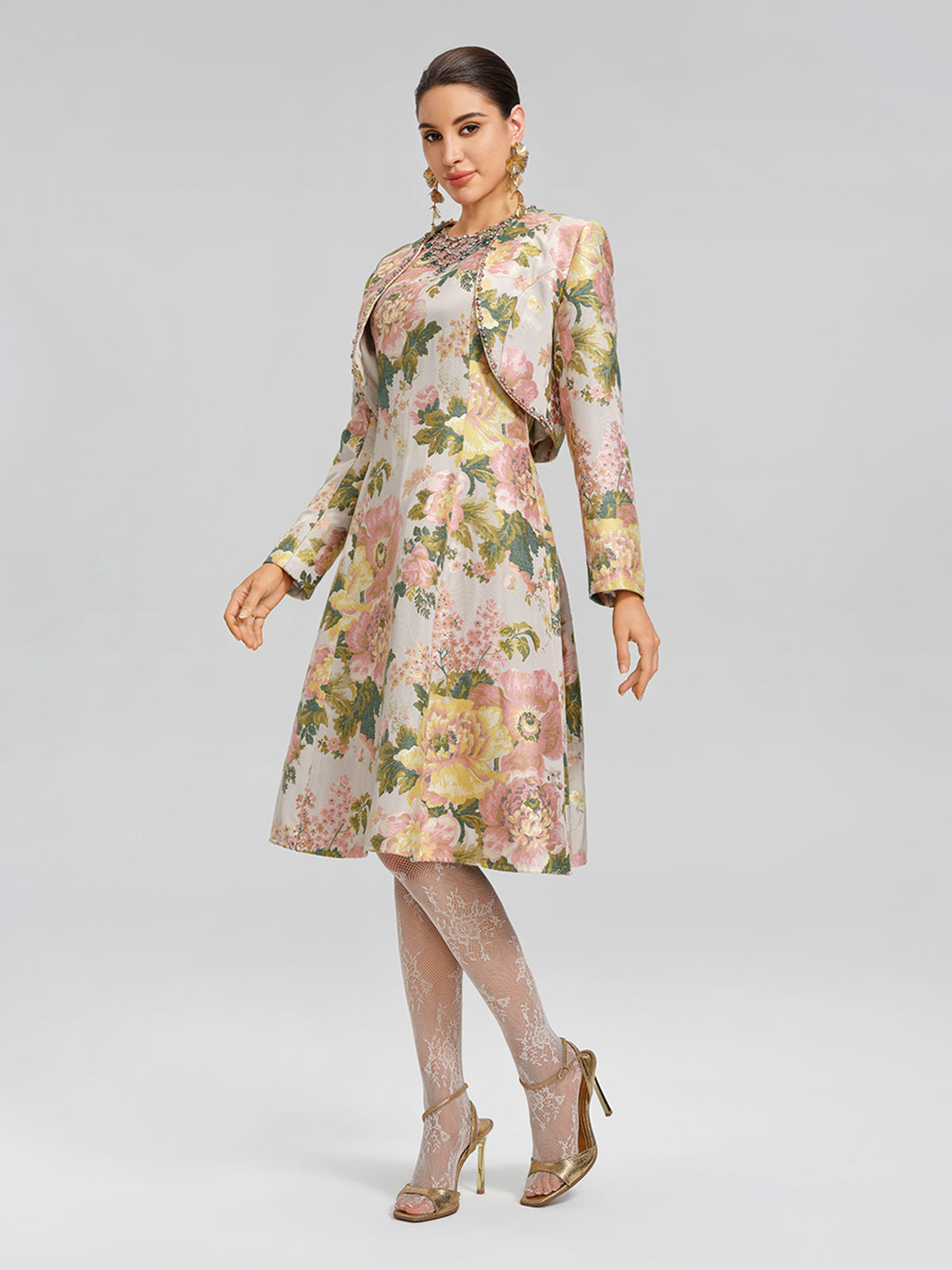 Crystal Beaded Jacquard A Line Pocket Dress