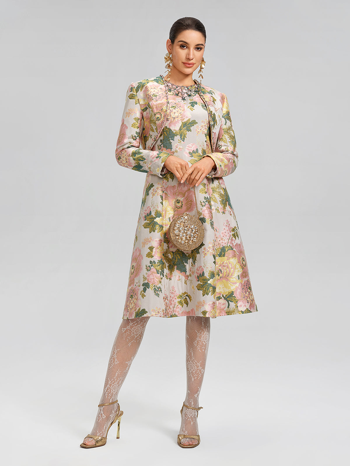 Crystal Beaded Jacquard A Line Pocket Dress