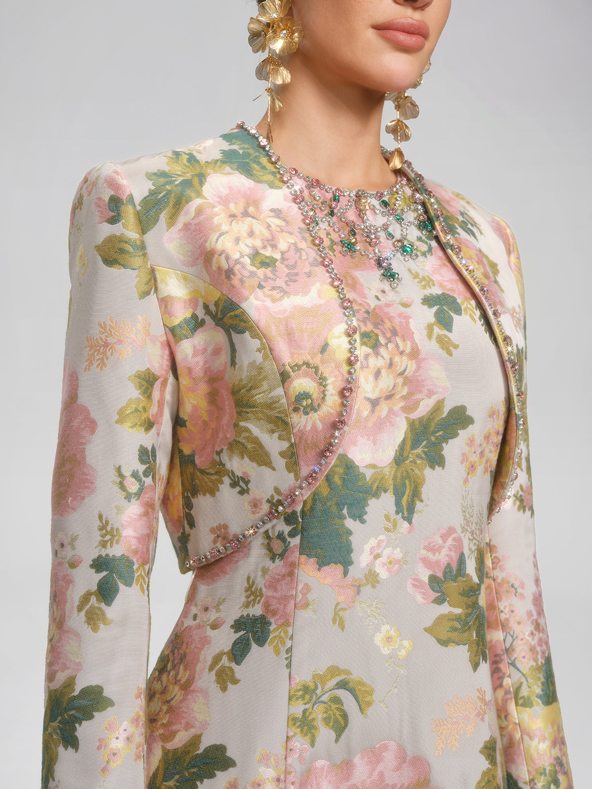 Crystal Beaded Jacquard Cropped Waist Jacket