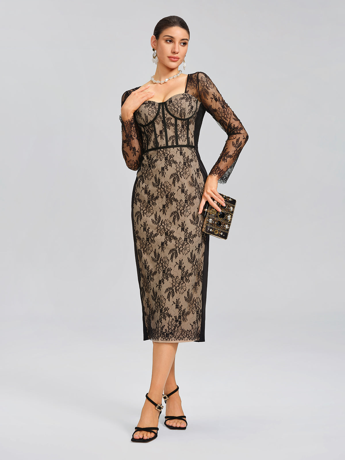Lace Ribbed Panel Bodycon Dress