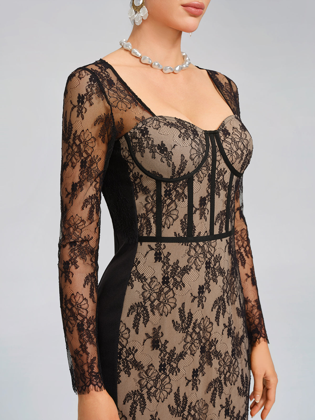 Lace Ribbed Panel Bodycon Dress