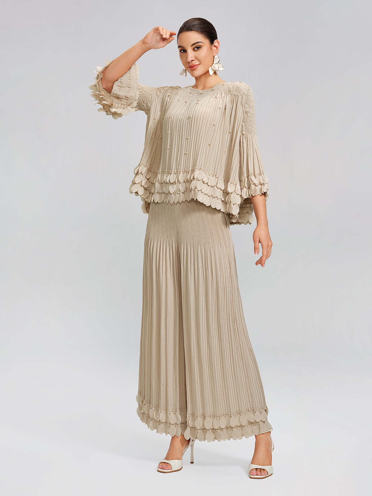 Hand-Stitched Floral Beaded Pleated Set