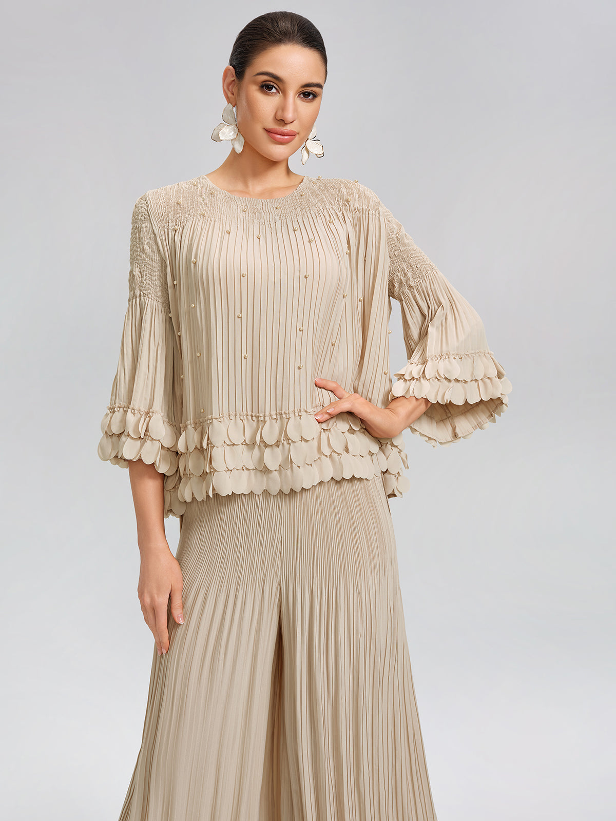 Hand-Stitched Floral Beaded Pleated Set