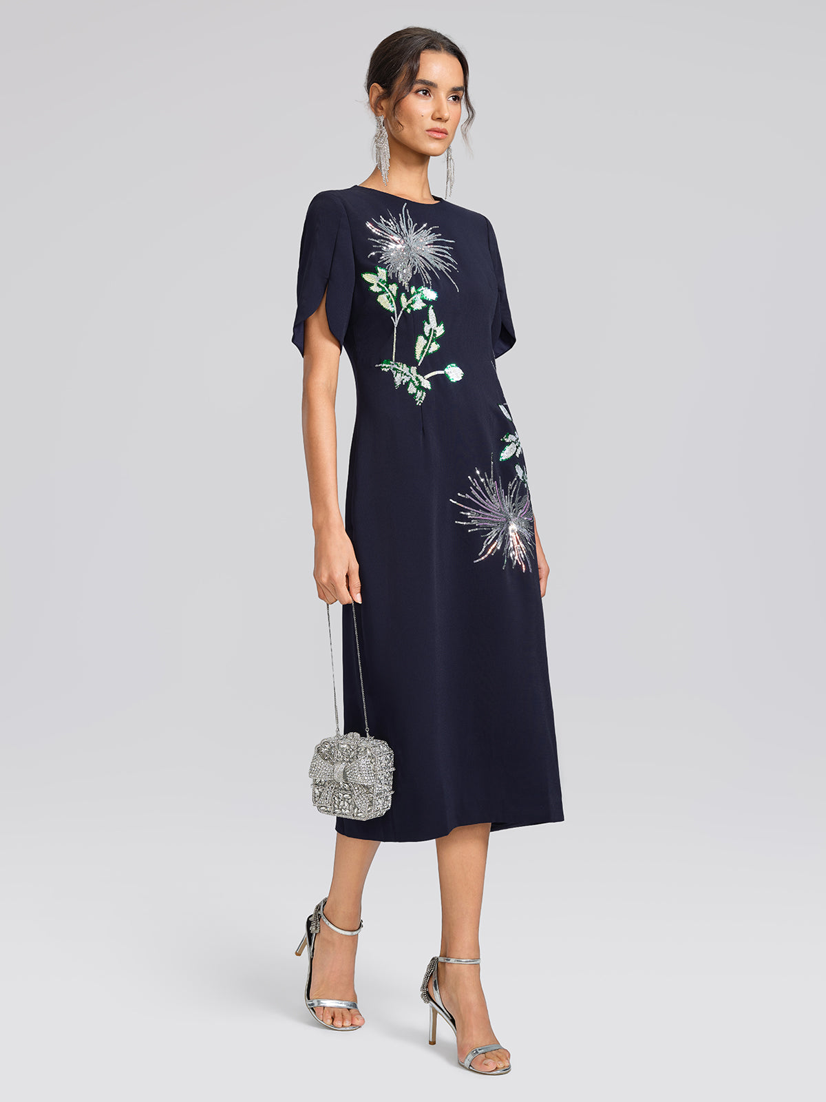 Navy Sequin Embroidered Short-Sleeve Dress