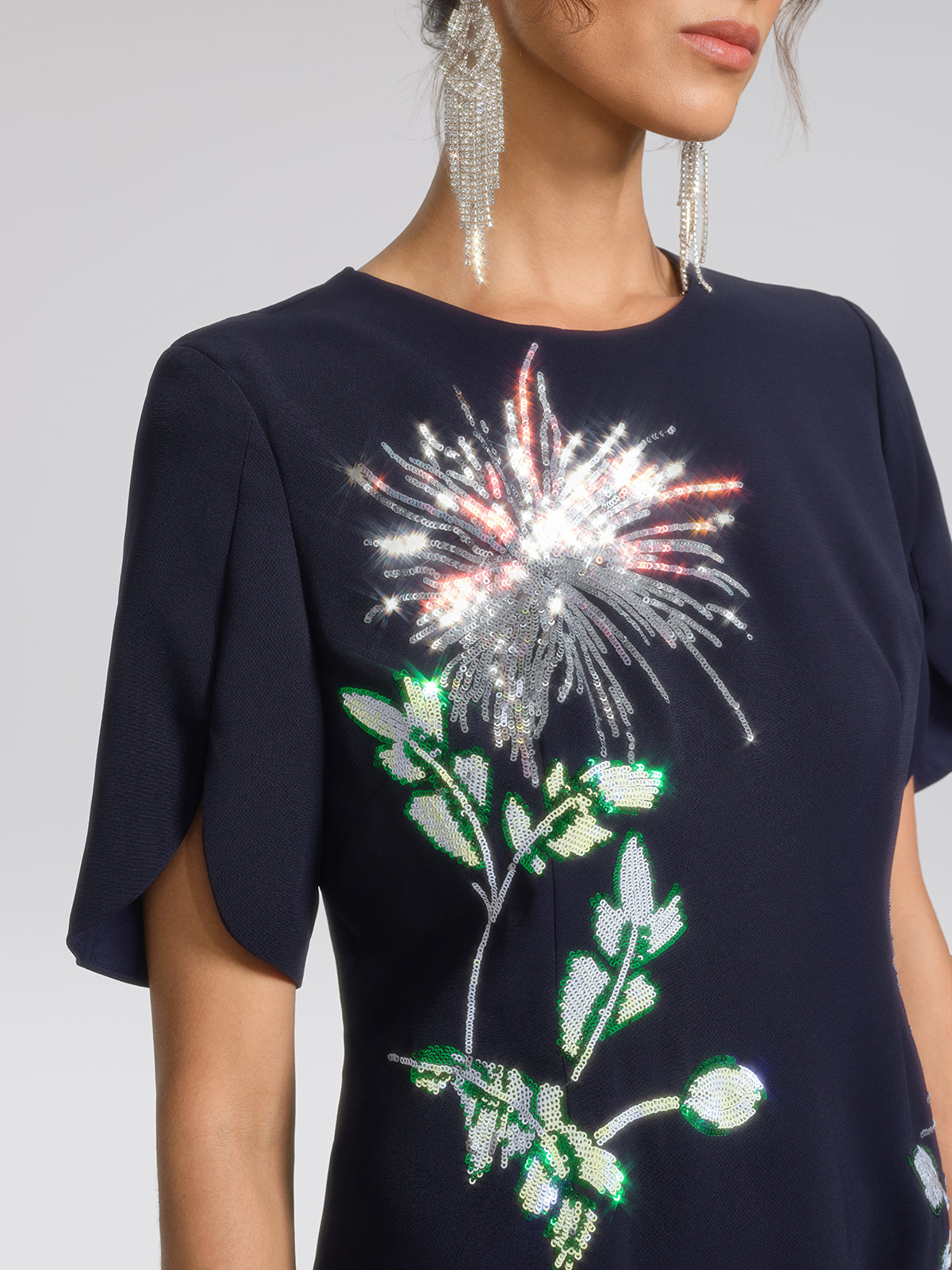 Navy Sequin Embroidered Short-Sleeve Dress
