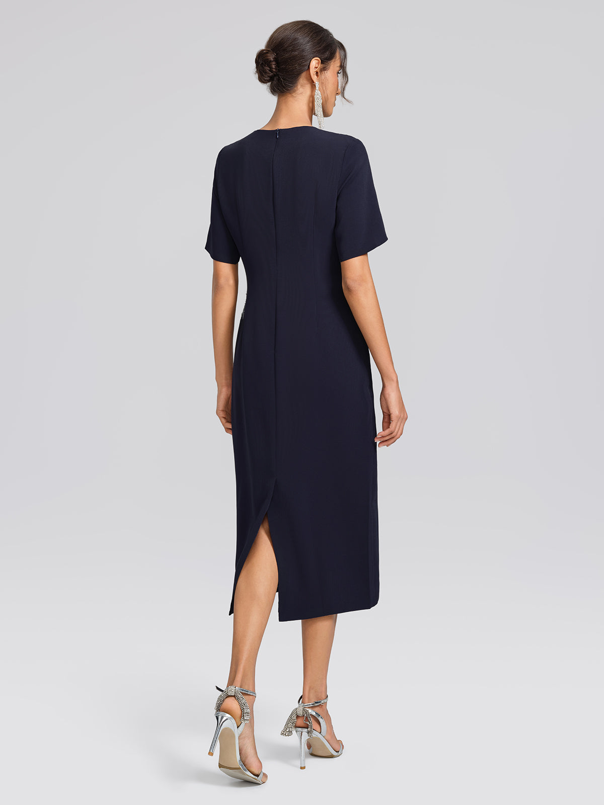 Navy Sequin Embroidered Short-Sleeve Dress