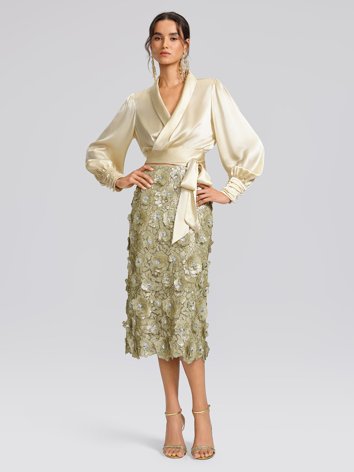 100% Silk Satin Adjustable Tie V-Neck Blouse
