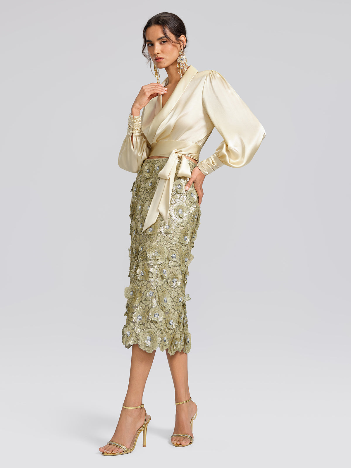 100% Silk Satin Adjustable Tie V-Neck Blouse