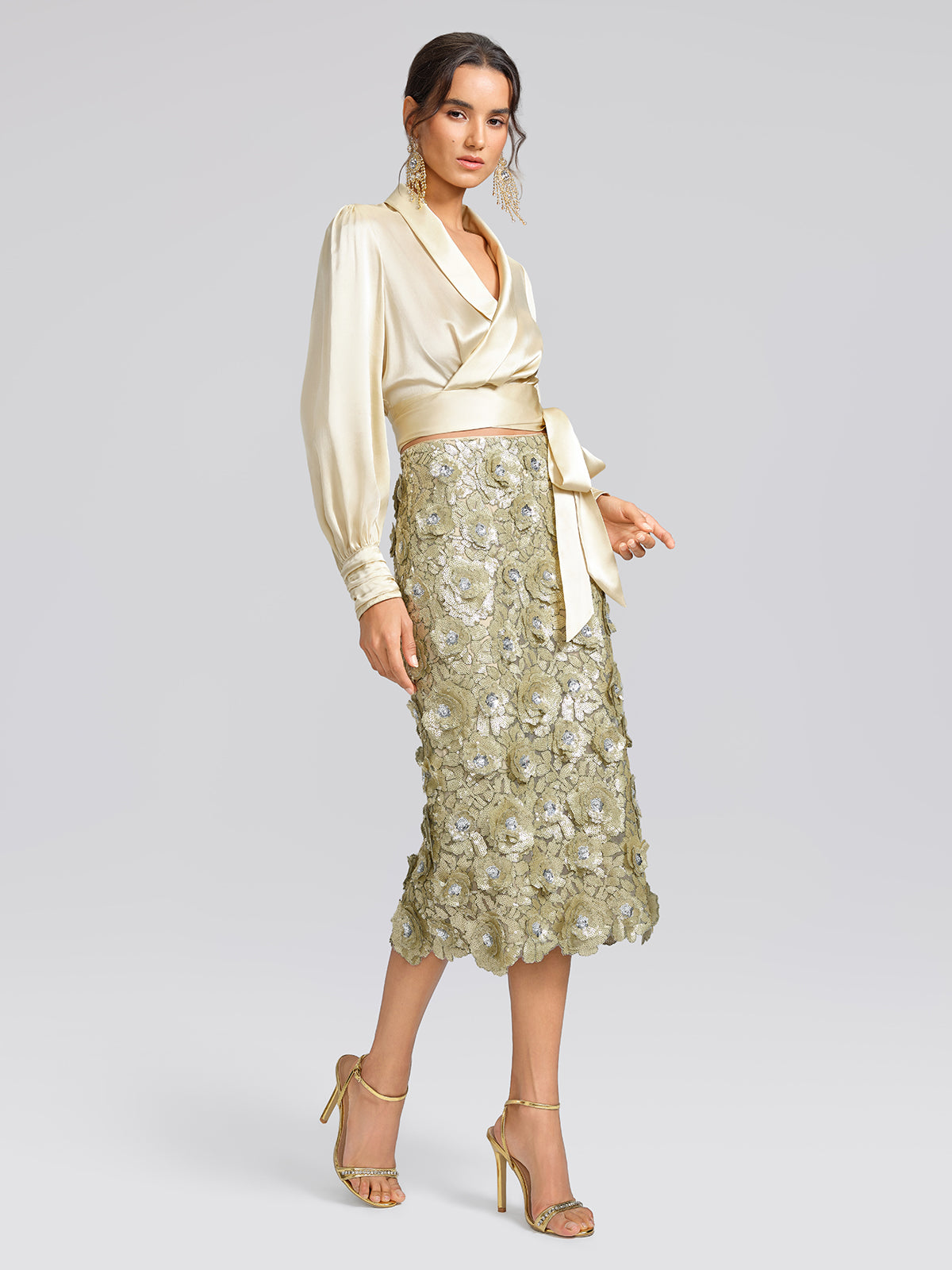 100% Silk Satin Adjustable Tie V-Neck Blouse