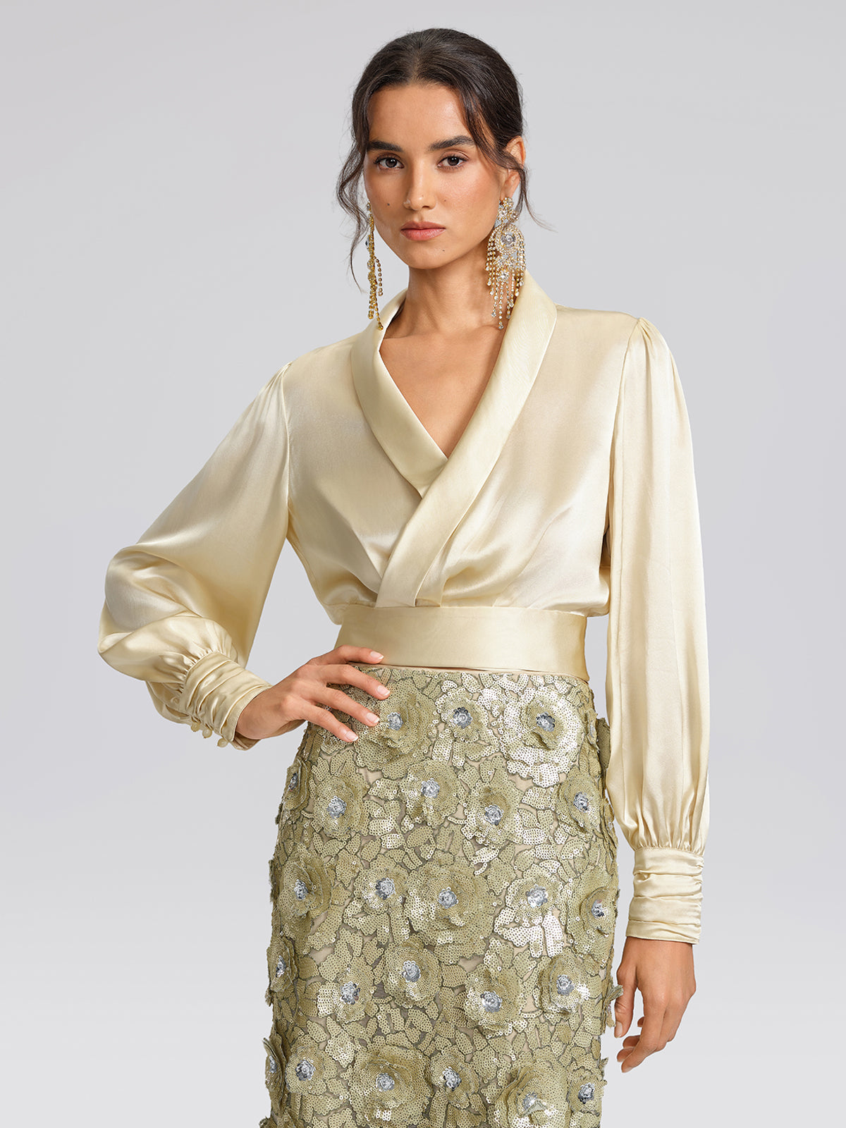 100% Silk Satin Adjustable Tie V-Neck Blouse