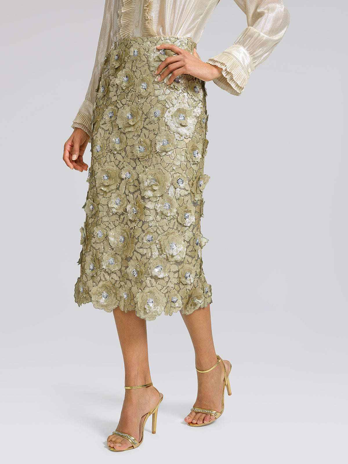 Allover Hand-Beaded Sequin Embroidered Floral Skirt
