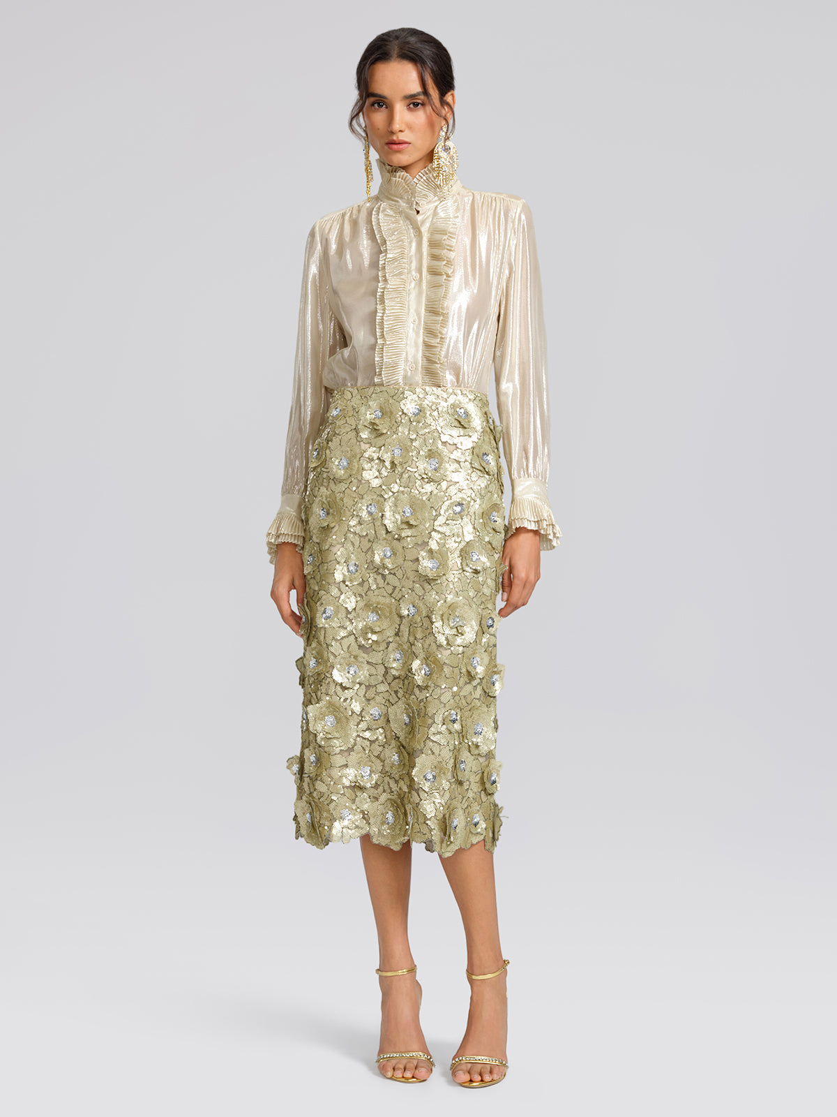 Allover Hand-Beaded Sequin Embroidered Floral Skirt