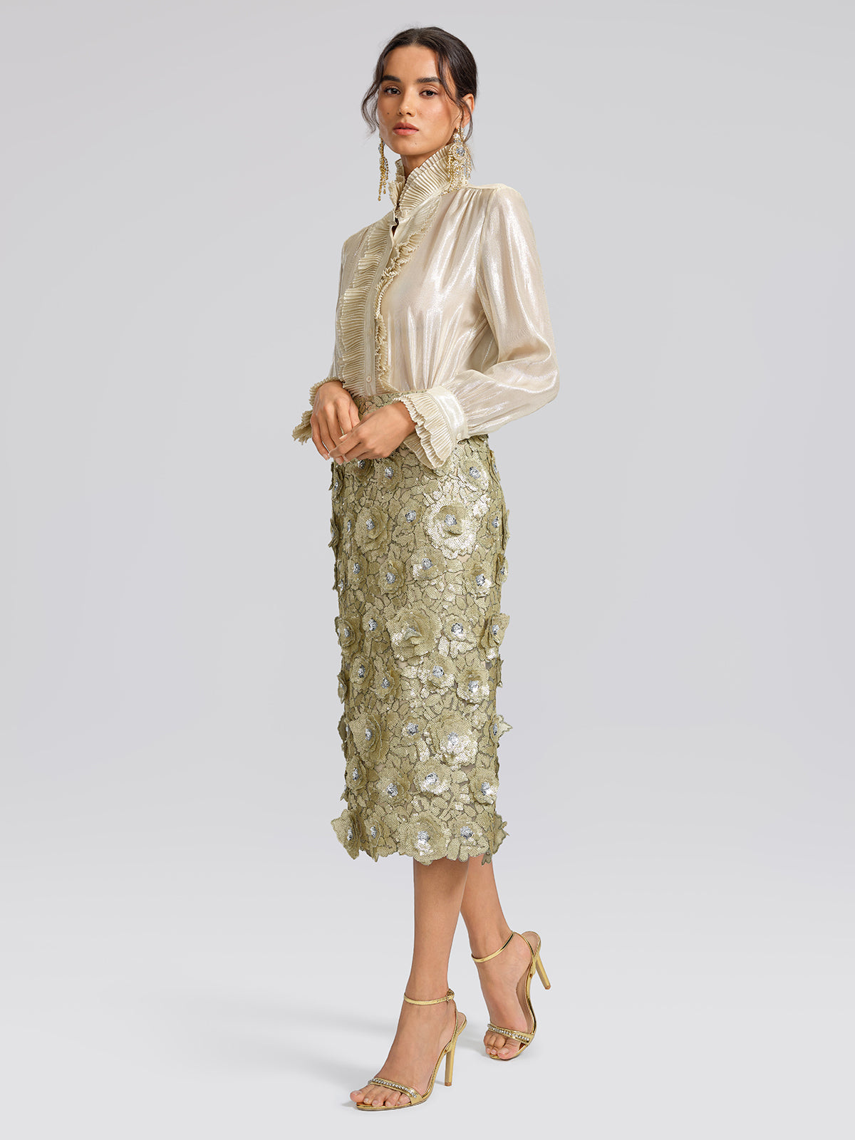 Allover Hand-Beaded Sequin Embroidered Floral Skirt