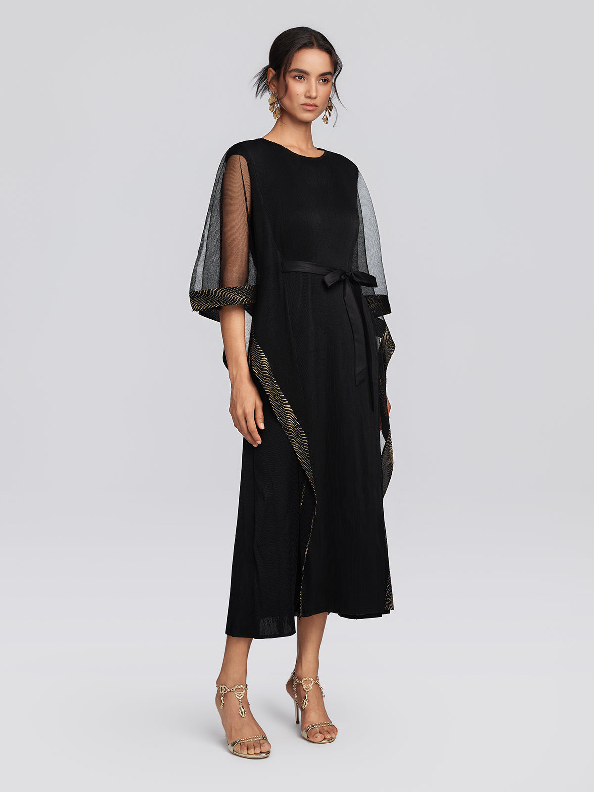 Pleated Mesh Gold Trim Dress