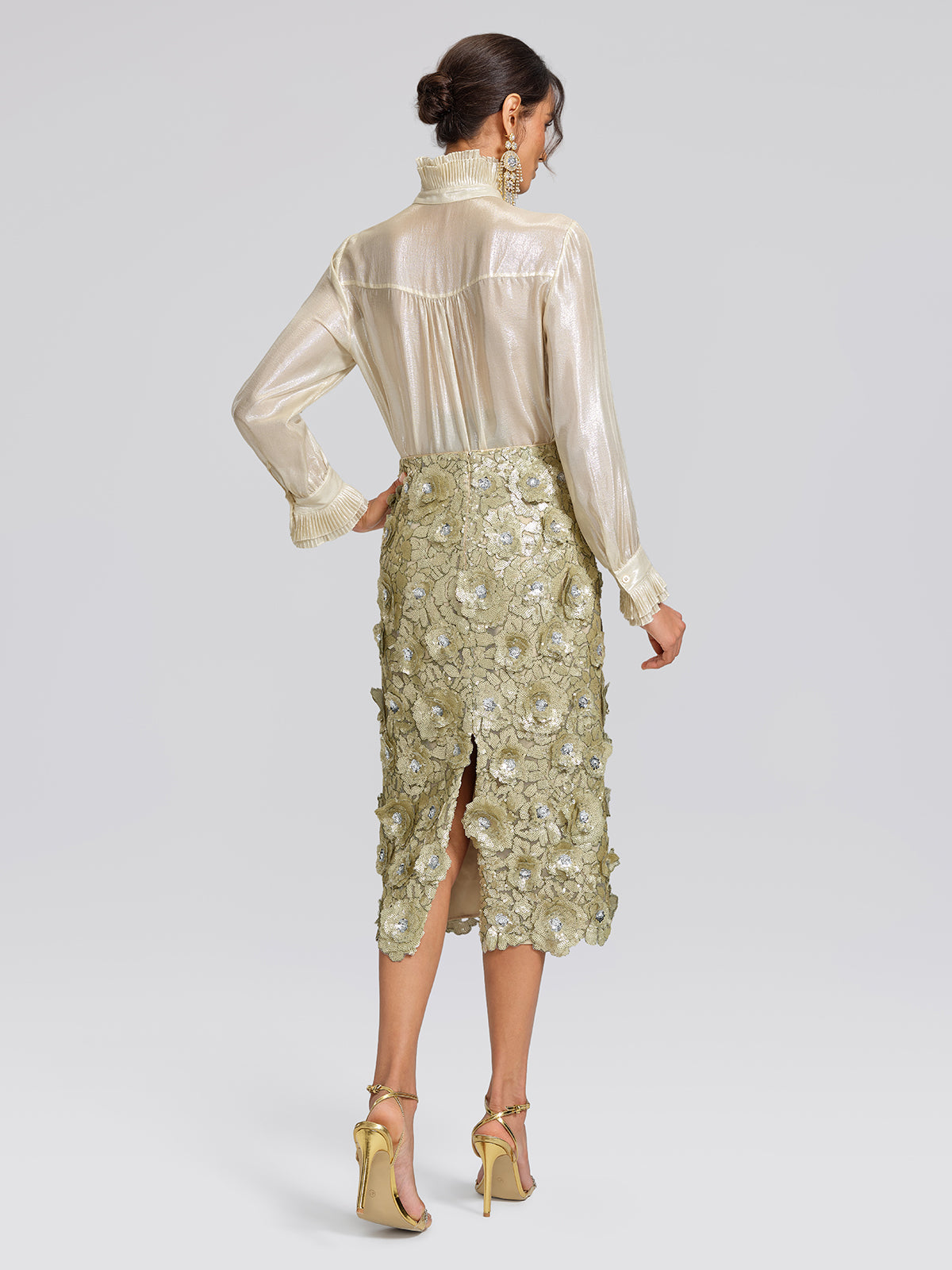 Allover Hand-Beaded Sequin Embroidered Floral Skirt